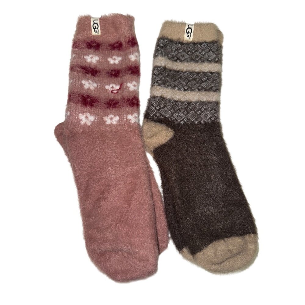 UGG Women's Socks Fuzzy Crew Floral Pink Brown Nordic Medium 2 Pair NEW